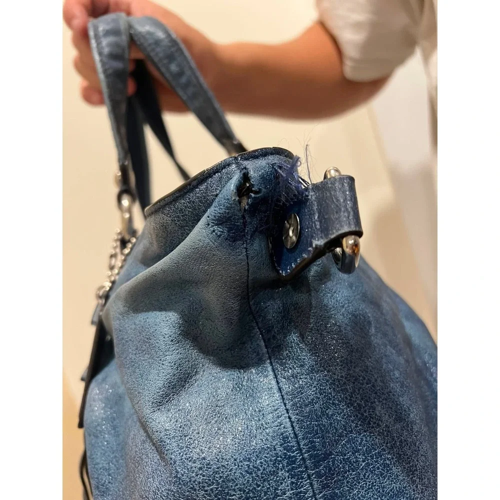 Coach Poppy Storypatch Blue Metallic Leather Satchel Bag 15233